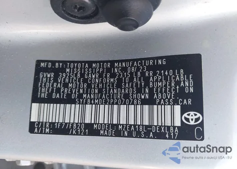 2023 Toyota Corolla Le z USA, uszkodzony, nr VIN 5YFB4MDE2PP070786